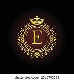 Luxury golden letter E monogram with a royal crown and ornate floral frame on a dark background  
