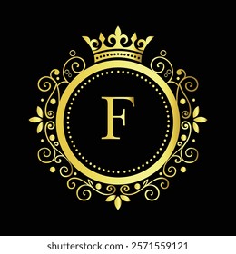 Luxury Golden Letter F Logo Design with Decorative Crown and Floral Patterns for Premium Branding  
