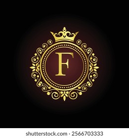 Luxury golden letter F monogram with a royal crown and ornate floral frame on a dark background  
