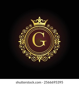 Luxury golden letter G monogram with a royal crown and ornate floral frame on a dark background  
