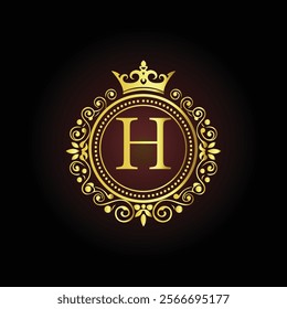 Luxury golden letter H monogram with a royal crown and ornate floral frame on a dark background  
