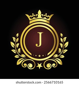 Luxury Golden Letter J Logo Design with Crown and Laurel Elements for Premium Branding  
