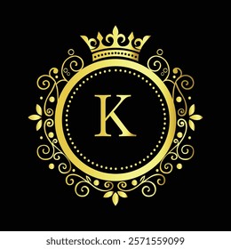 Luxury Golden Letter K Logo Design with Decorative Crown and Floral Patterns for Premium Branding  
