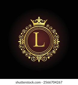 Luxury golden letter L monogram with a royal crown and ornate floral frame on a dark background  
