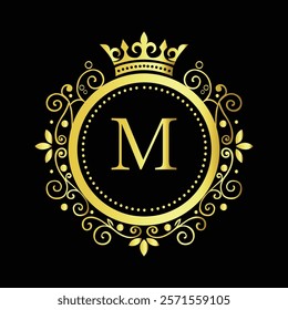 Luxury Golden Letter M Logo Design with Decorative Crown and Floral Patterns for Premium Branding  
