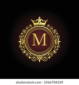 Luxury golden letter M monogram with a royal crown and ornate floral frame on a dark background  
