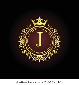 Luxury golden letter  monogram with J royal crown and ornate floral frame on a dark background  
