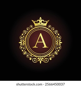 Luxury golden letter A monogram with a royal crown and ornate floral frame on a dark background  
