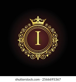 Luxury golden letter I monogram with a royal crown and ornate floral frame on a dark background  
