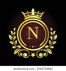 Luxury Golden Letter N Logo Design with Crown and Laurel Elements for Premium Branding  
