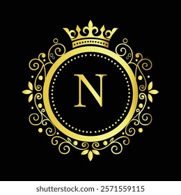 Luxury Golden Letter N Logo Design with Decorative Crown and Floral Patterns for Premium Branding  
