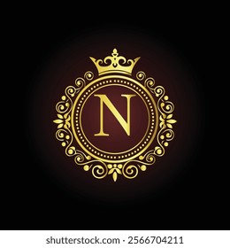 Luxury golden letter N monogram with a royal crown and ornate floral frame on a dark background  
