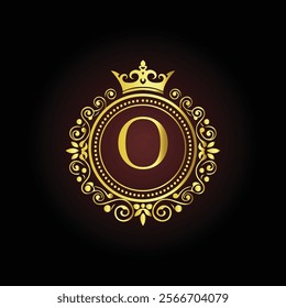 Luxury golden letter O monogram with a royal crown and ornate floral frame on a dark background  
