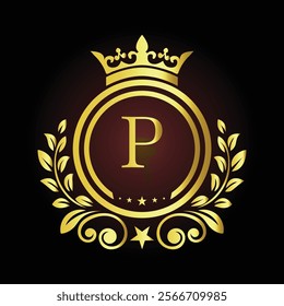 Luxury Golden Letter P Logo Design with Crown and Laurel Elements for Premium Branding  

