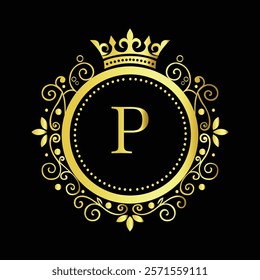 Luxury Golden Letter P Logo Design with Decorative Crown and Floral Patterns for Premium Branding  
