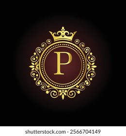 Luxury golden letter P monogram with a royal crown and ornate floral frame on a dark background  
