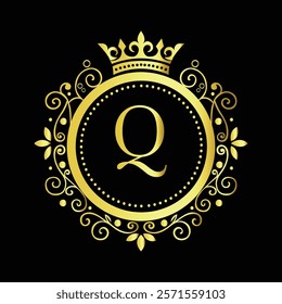 Luxury Golden Letter Q Logo Design with Decorative Crown and Floral Patterns for Premium Branding  
