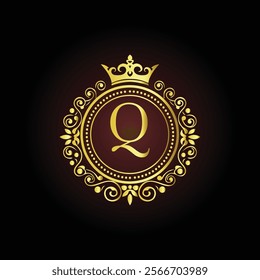 Luxury golden letter Q monogram with a royal crown and ornate floral frame on a dark background  
