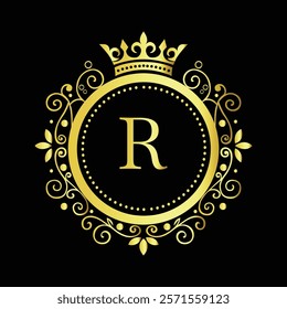 Luxury Golden Letter R Logo Design with Decorative Crown and Floral Patterns for Premium Branding  
