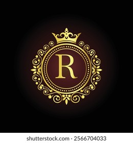 Luxury golden letter R monogram with a royal crown and ornate floral frame on a dark background  
