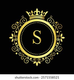 Luxury Golden Letter S Logo Design with Decorative Crown and Floral Patterns for Premium Branding  
