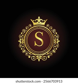 Luxury golden letter S monogram with a royal crown and ornate floral frame on a dark background  
