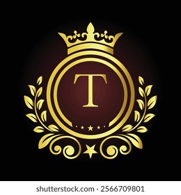 Luxury Golden Letter T Logo Design with Crown and Laurel Elements for Premium Branding  
