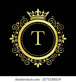 Luxury Golden Letter T Logo Design with Decorative Crown and Floral Patterns for Premium Branding  
