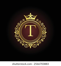 Luxury golden letter T monogram with a royal crown and ornate floral frame on a dark background  
