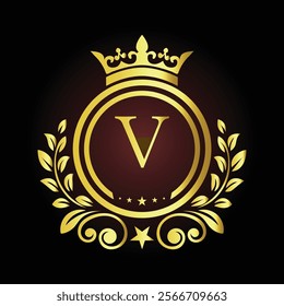 Luxury Golden Letter V Logo Design with Crown and Laurel Elements for Premium Branding  
