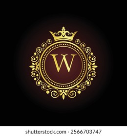 Luxury golden letter W monogram with a royal crown and ornate floral frame on a dark background  
