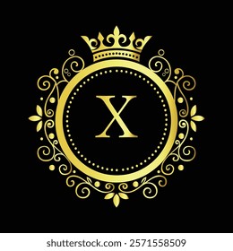 Luxury Golden Letter X Logo Design with Decorative Crown and Floral Patterns for Premium Branding  
