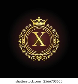 Luxury golden letter X monogram with a royal crown and ornate floral frame on a dark background  
