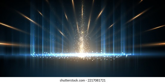 Luxury golden and light blue glowing lines with lighting effect sparkle on dark blue background. Template premium award design. Vector illustration
