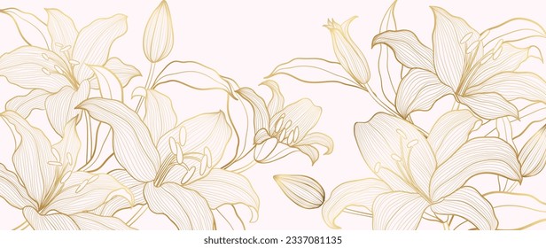 Luxuriöse goldene Lilienblume, Kunsthintergrund, Vektorgrafik. Natürliche botanische, elegante Blume mit goldener Linie Kunst. Design-Illustration für Dekoration, Tapete, Tapete, Cover, Banner, Poster, Karte.