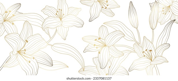 Luxury golden lily flower line art background vector. Natural botanical elegant flower with gold line art. Design illustration for decoration, wall decor, wallpaper, cover, banner, poster, card.