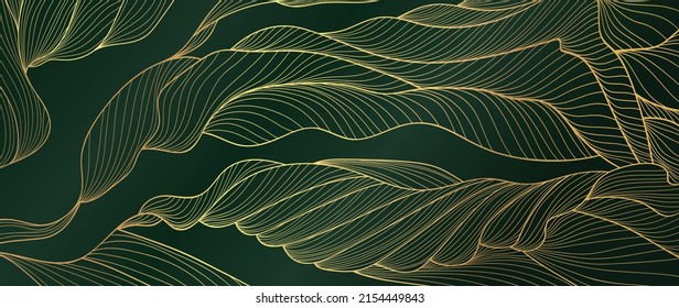 Luxury golden line art vector on green background. Abstract wallpaper with gold line art, organic shapes in hand drawn. Elegant and shining line design illustration perfect for decorative, prints.