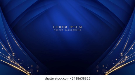 Luxury golden line with blue curve shape, and glitter light effect decoration on dark blue background. Vector illustration