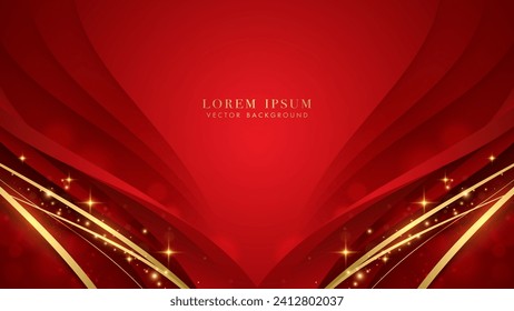 Línea dorada de lujo con curva roja, efecto luminoso brillante y decoración de color rojo. Ilustración del vector