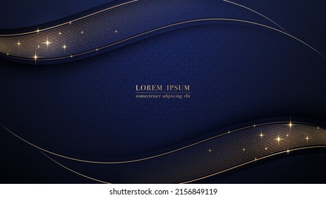Luxury golden line wave with glitter light, and overlapping circles design on dark blue background. Vector illustration