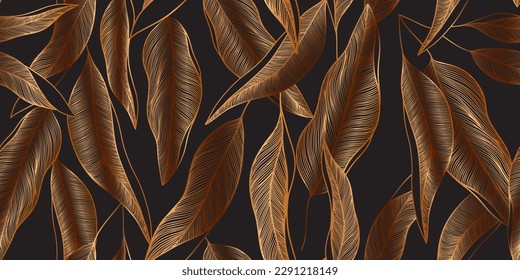 Luxury golden linear seamless pattern with palm leaves. Botanical texture with tropical plants. Autumn floral pattern