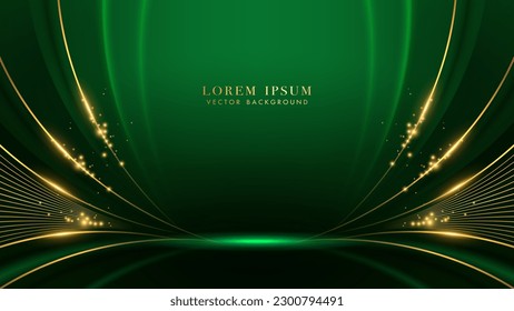 Luxury golden lines with curve light, glittering light effects elements. Green elegant background style vector design