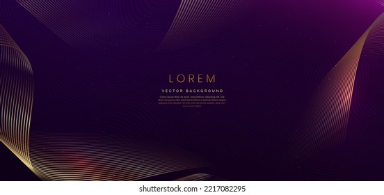 Luxury golden lines wave on dark purple background with lighting effect sparkle. Template premium award design. Vector illustration