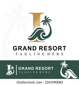 Luxury Golden Logo Idea Template with Initial Letter I, Coconut Palm Tree and Ocean Wave for Resort, Apartment, Hotel, Travel Business 