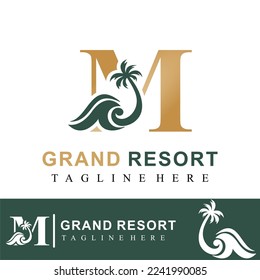 Luxury Golden Logo Idea Template with Initial Letter M, Coconut Palm Tree and Ocean Wave for Resort, Apartment, Hotel, Travel Business 