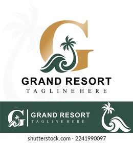 Luxury Golden Logo Idea Template with Initial Letter G, Coconut Palm Tree and Ocean Wave for Resort, Apartment, Hotel, Travel Business 