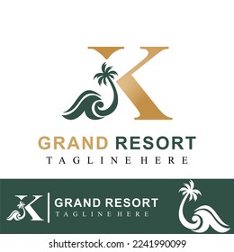 Luxury Golden Logo Idea Template with Initial Letter K, Coconut Palm Tree and Ocean Wave for Resort, Apartment, Hotel, Travel Business 