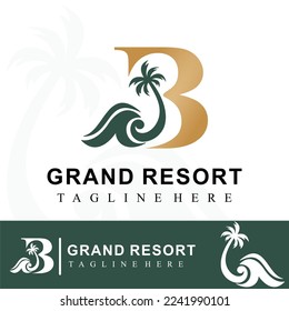 Luxury Golden Logo Idea Template with Initial Letter B, Coconut Palm Tree and Ocean Wave for Resort, Apartment, Hotel, Travel Business 