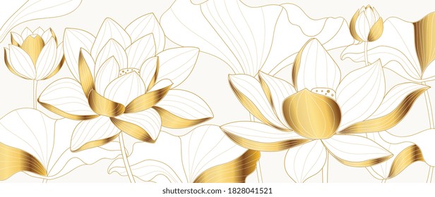 Luxury Golden lotus background vector. Gold Lotus line arts design for wallpaper, wall arts, fabric, prints and background texture, Vector illustration.