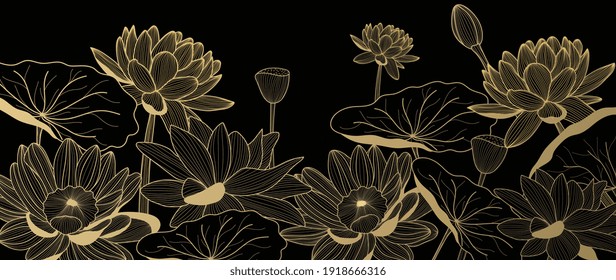 Luxury Golden lotus background vector. Gold Lotus line arts design for wallpaper, wall arts, fabric, prints and background texture, Vector illustration.